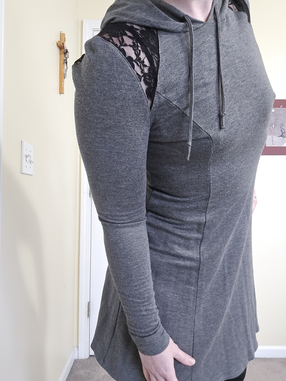 Gray Hooded Sweatshirt Dress Tunic with Lace Accents - Picture 3 of 10